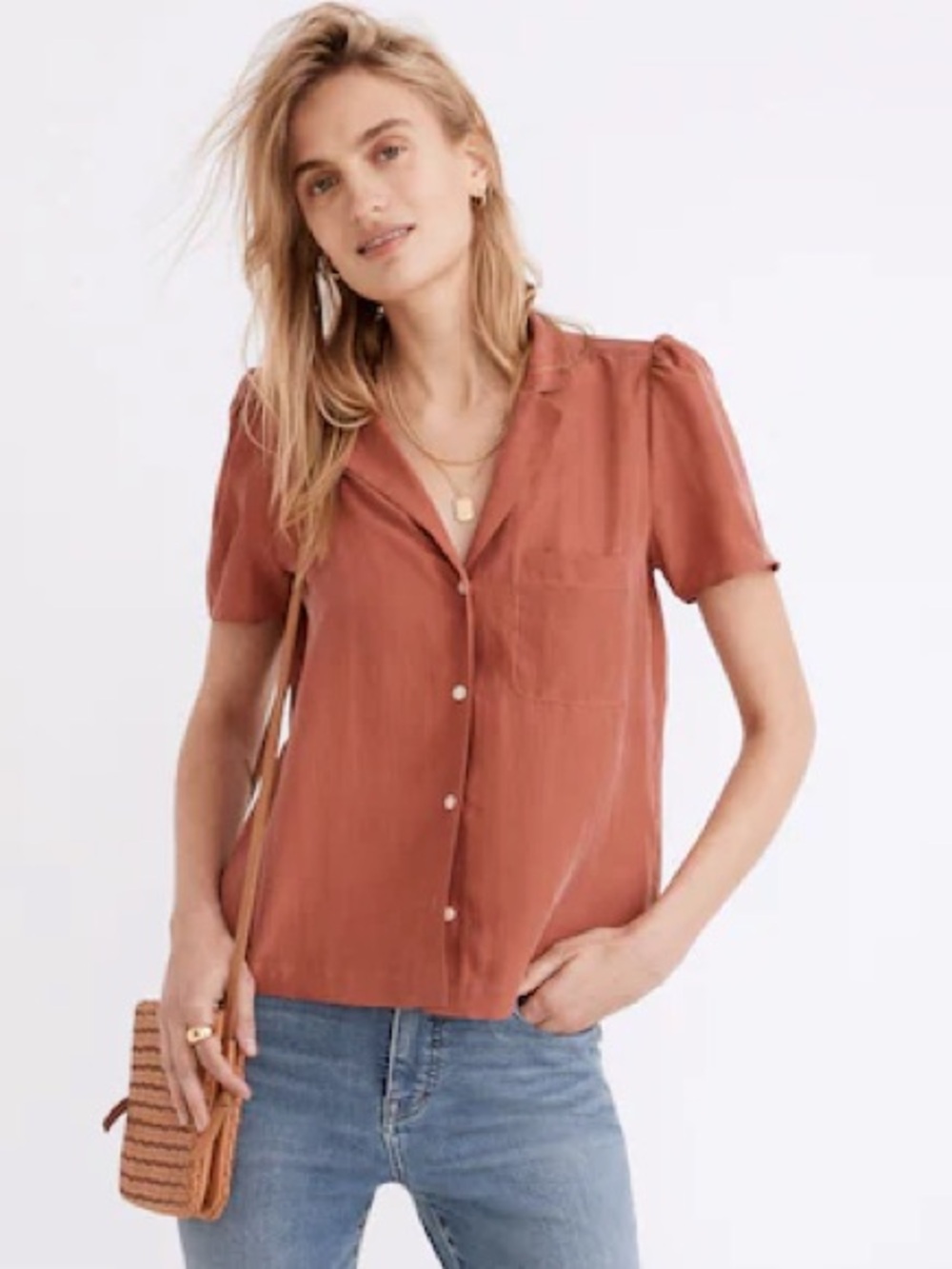 Madewell Silk Puff-Sleeve Camp Shirt in Weathered Brick size L